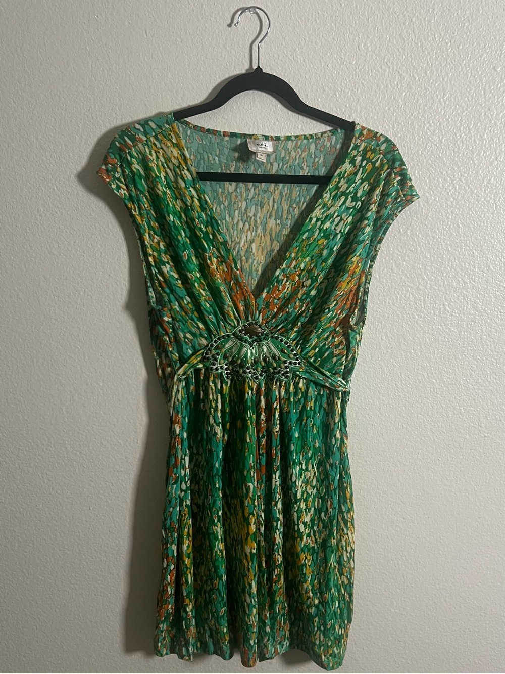 ECI Green Boho Printed Embellished Beaded Waist Mini Dress XL